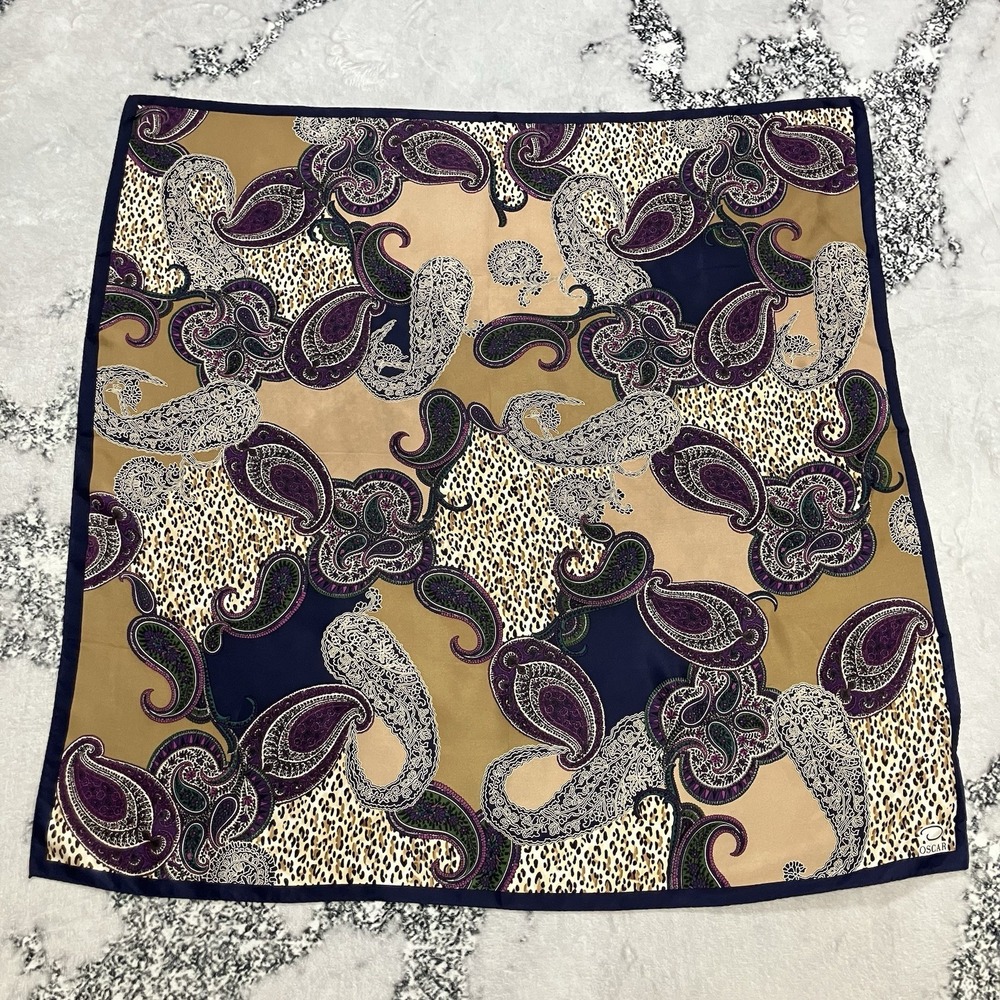 Oscar de la Renta Silk Scarf Paisley Animal Print Square Gold Purple